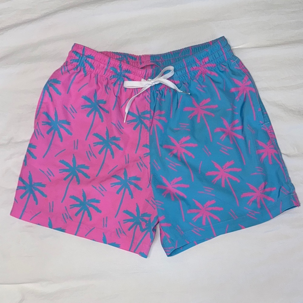 Chubbies Pink and Blue Palm Tree Swim Trunks